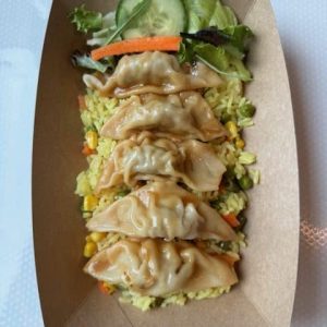 Chicken Gyoza, Rice, Veggies & Salad